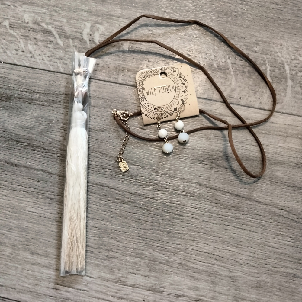 Wildflowers White Bead Necklace with Brown Suede Cord
